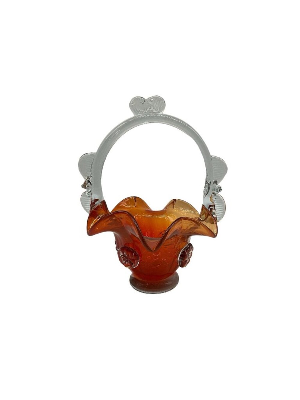 Vintage Hungarian Art Glass Burnt Orange And Clear 10 Inch Basket Collectible